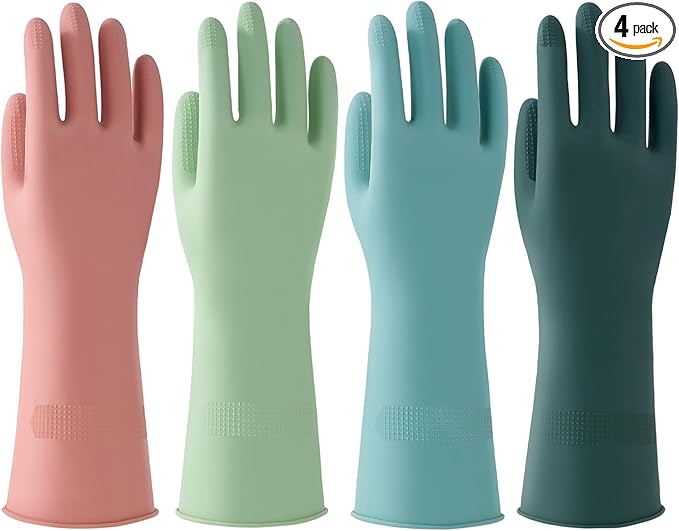 Bamllum 4 Pairs Rubber Dishwashing Gloves - Reusable Kitchen Cleaning Gloves for Washing Dishes & Household, Non-Slip, Long-Lasting Flexible Gloves (Medium