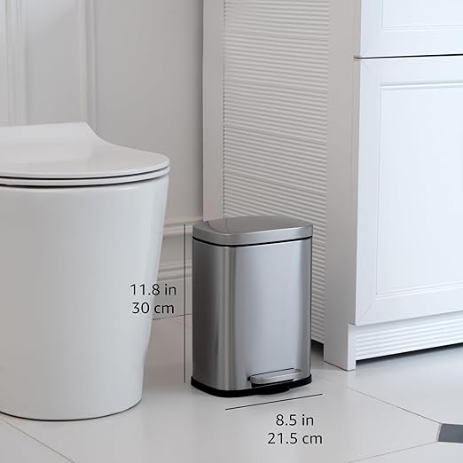Amazon Basics Smudge Resistant Rectangular Trash Can with Soft-Close Lid, Foot Pedal, Removable Inner Bucket, 5L/1.32 Gal, Brushed Stainless Steel, for Bathroom & Small Space, Satin Nickel Finish