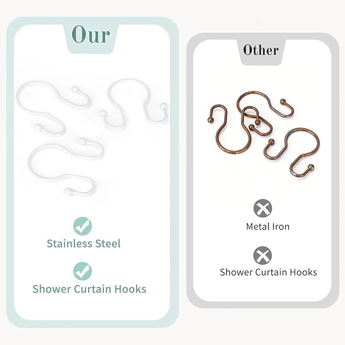 Goowin Shower Curtain Hooks, 12 Pcs Shower Curtain Rings, Stainless Steel Shower Curtain Hangers, Metal Shower Curtain Hooks Rings Rust Proof, Minimalist Shower Hooks for Shower Curtain, White