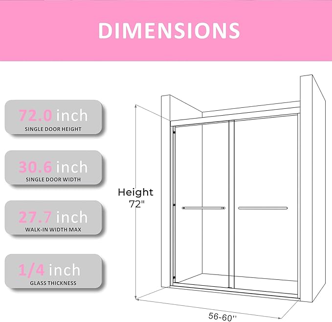 Shower Doors Glass Sliding 60 inches,56-60'' W x 72''H Matte Black Semi Frameless Bathroom Door,Double Sliding Shower Screen for Walk in with Clear SGCC/ANSI Tempered Glass Stainless Steel Handles