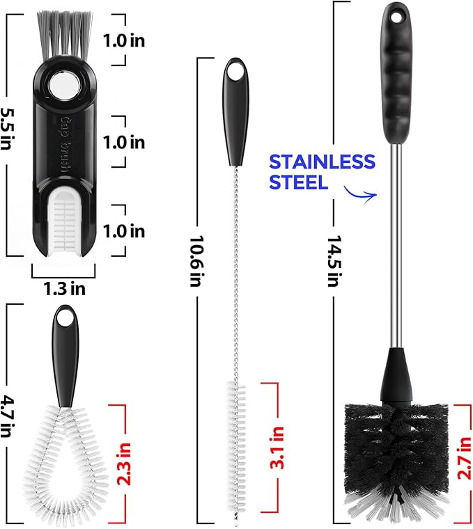 Holikme 4Pack Bottle Brush Set, 14" Long Handle Stainless Steel Bottle Brush, Straw Brushes, Cup Cleaner Brush, 3-in-1 Bottle Cleaning Brush for Water Bottle, Antistatic Lab Brushes, Straws Black