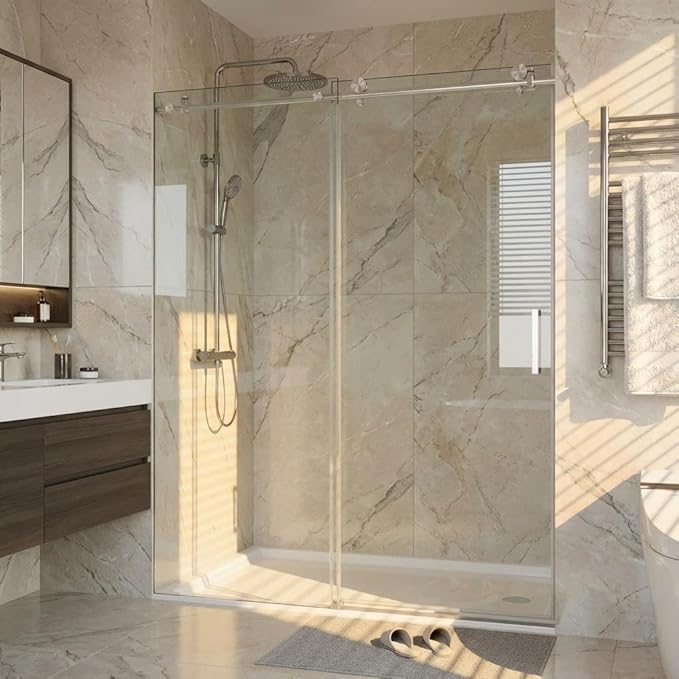 Frameless Shower Door, 44-48" W x 76" H Sliding Glass Shower Door, 5/16" (8mm) SGCC Thick Tempered Clear Glass with Explosion-Proof Film Coating, Stainless Steel Hardware, Brushed Nickel Round Ra