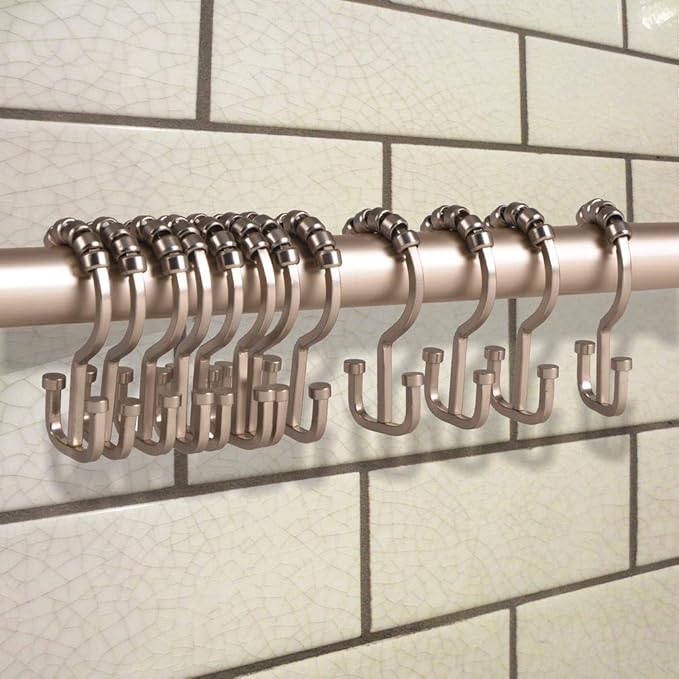 Utopia Alley Deco Flat Double Roller Shower Curtain Hooks, Satin Nickel