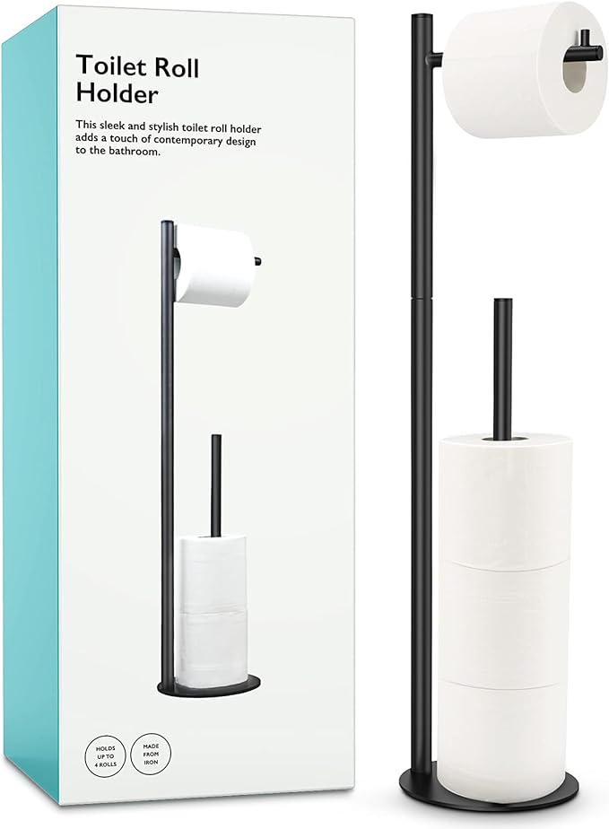 Toilet Paper Holder Stand, Bathroom Toilet Paper Roll Holder Stand with Reserve, Standing Toilet Paper Holder with Storage
