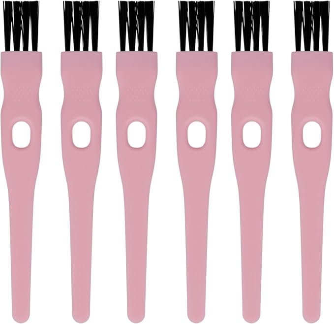 Mini Cleaning Brushes with Nylon Bristles – 6 Pack, 4.3" Long – Precision Detail Cleaner for Razor, Nose Hair Trimmer, Mug Lid, Mosquito Lamp, and Small Crevices – Pink Plastic Handle
