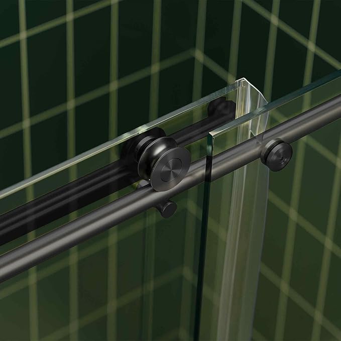 Woodbridge 56-60" W x 80" H Frameless Single Sliding Shower Door with Tempered Glass & Explosion Proof Film in Matte Black Finish