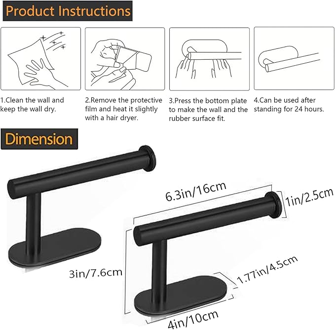 Toilet Paper Holder - Self Adhesive Toilet Paper Holder Wall Mount for Bathroom, SUS 304 Stainless Steel Command Strip Toilet Paper Roll Holder Stick On Wall, No Drilling - Matte Black（2 Pcs）