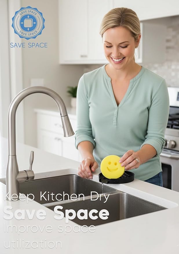 2 Pack Holder for Scrub Daddy, Thinnest Build to Last Sponges Holders, Durable Smiley Face Sponge Rack, Large Soap Dish & Sink Caddy Organizer, Dishwasher Safe (Black, 2)