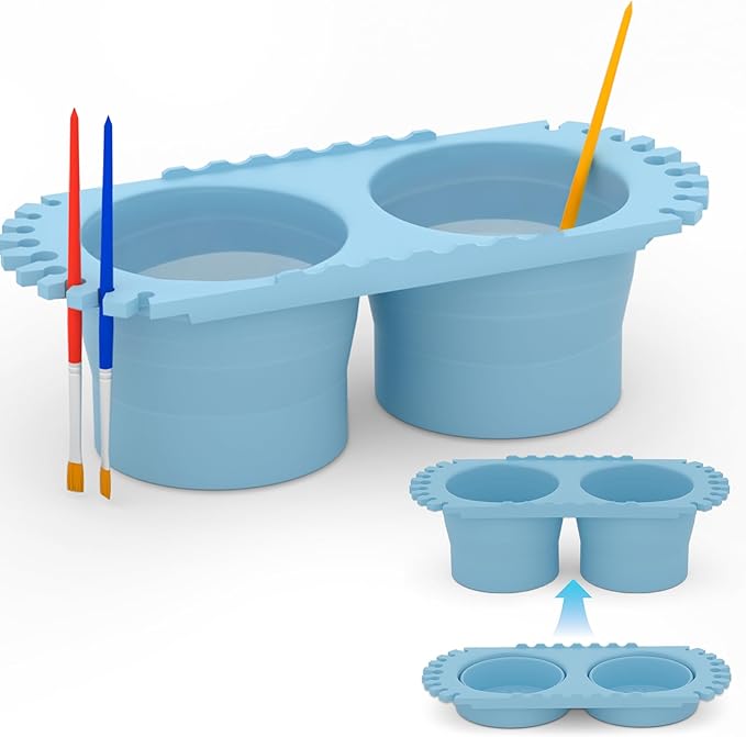 Paint Brush Cleaner Cup - Foldable Silicone Brush Cleaning Rinse Cup with Dual Cleaning Compartments and Brush Holder, Suitable for Acrylics, Watercolors, and All Art Supplies