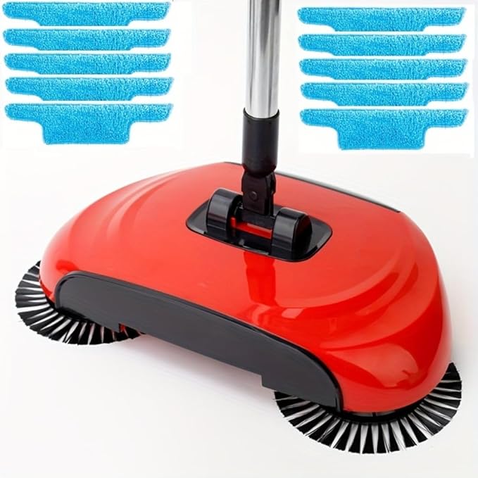 Manual Sweeper, Carpet Sweeper, Mini Hand Push Sweeper 3 in 1 Household Cleaning Lazy Dustpan Trash Bin 360° Rotating Floor Cleaning Mop for Hardwood Ceramic Tiles, with 10 Cloth (Bright Red)