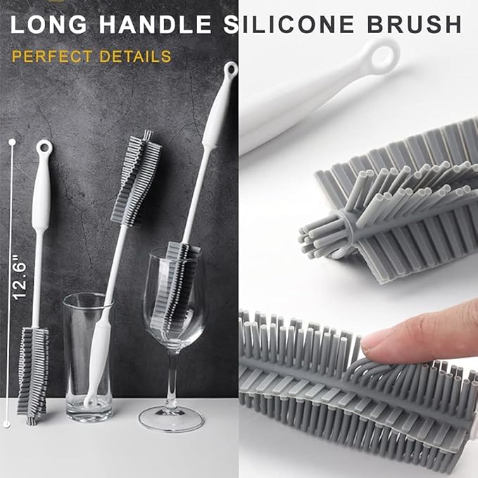 Bottle Cleaning Brush Set, Long Handle Silicone Cleaner Brushes + Thermos Lid Cup Brush + Drinking Straw Brush for Cleaning Baby Bottles, Narrow Neck Bottle, Sport Water Bottle,Tumbler,Glass Vase,3pcs