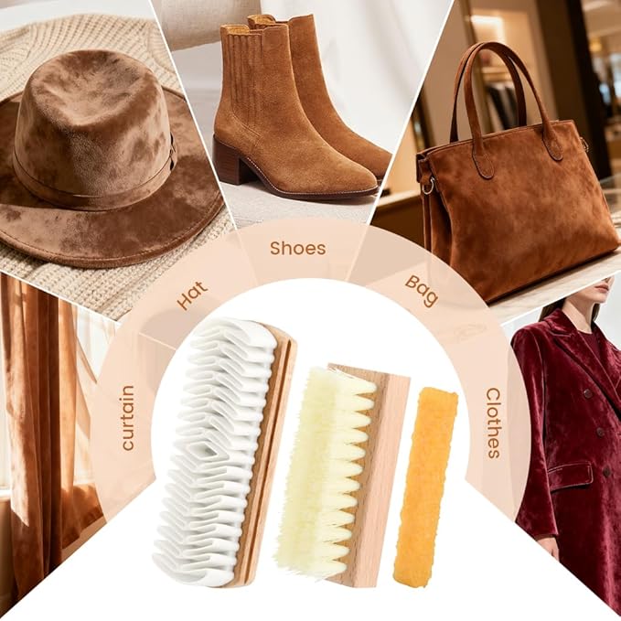 3Pcs Suede Shoe Brush and Eraser,Suede Nubuck Cleaning Brush for Shoes,with Wooden Handle,Suede Cleaning Kit for Leather Suede Shoe, Handbags,Jackets,Boots,Furniture,Easy to Use