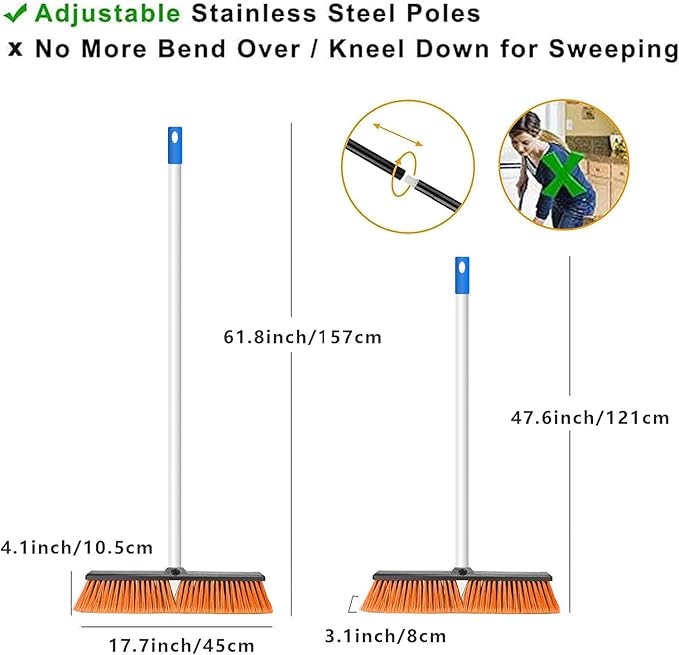 18" Push Broom Outdoor Heavy Duty, Snow Broom with Long Handle, Shop Broom Garage Push Broom for Garden, Patio, Garage, Bathroom, Kitchen, Tub, Carpet, Tile, Deck, Concrete, Industrial (Orange white)1