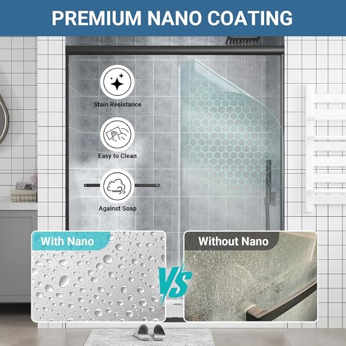 Glass Sliding Shower Door 56-60" W x 72" H, Semi Frameless Double Sliding Bathroom Shower Door, 1/4"(6mm) Clear Tempered Glass, Nano Easy Cleaning Coated, ANSI Cerified, Matte Black