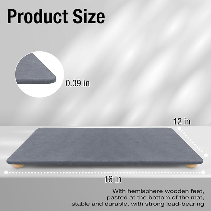 Stone Dish Drying Mat for Kitchen Counter, 16"×12" Quick Dry Super Absorbent Eco-Friendly Diatomaceous Earth Stone Mat with hemisphere wooden feet, Non-slip, Heat Resistant, Multi-purpose mats.