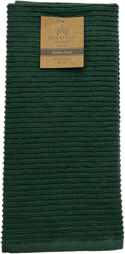 Serafina Home Dark Green Kitchen Hand Dish Towels: 100% Cotton Cloth Soft Cleaning Drying Absorbent Ribbed Terry Loop, Set of 3 Multipurpose for Everyday Use Oversized 18" x 28"