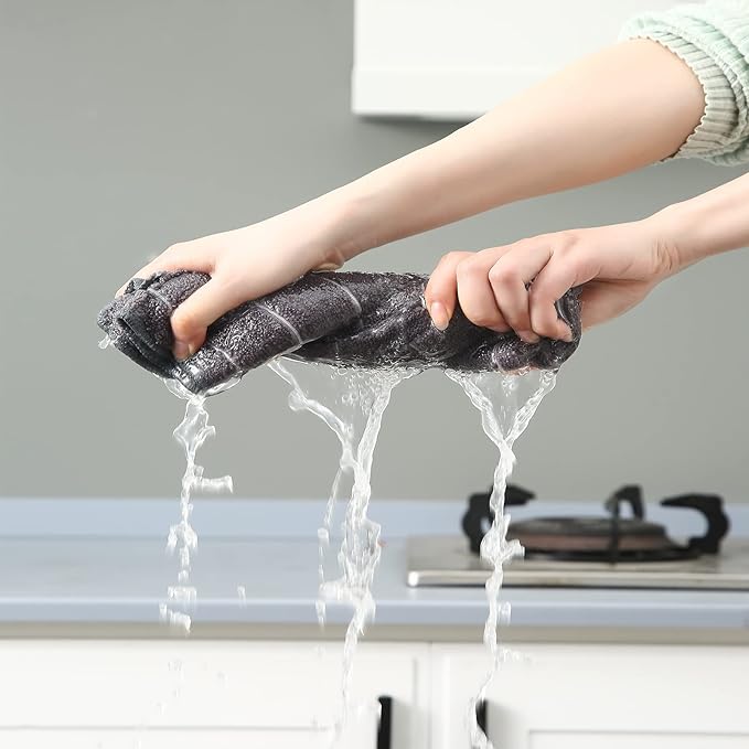 Microfiber Kitchen Towels and Dishcloths Set, 26 X 18 Inch and 12 X 12 Inch, Set of 12 Bulk Lint Free Dish Towels for Drying Dishes, Grey