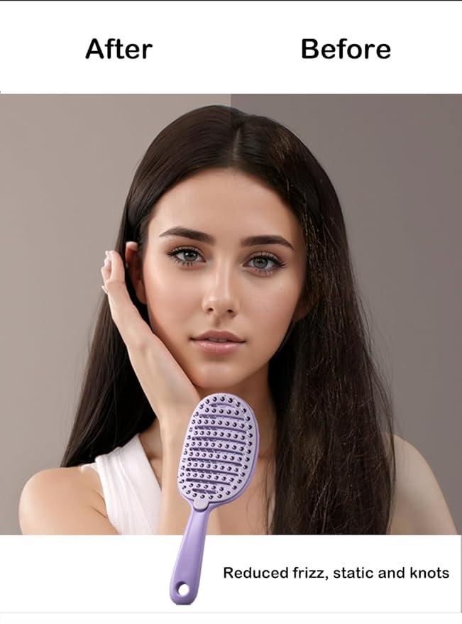 Self Cleaning Hair Brush, Easy Clean Detangling Brush, Curved Vented Detangler Brush for Faster Blow Drying for Women Men Kids, Wet & Dry Hair (Purple)