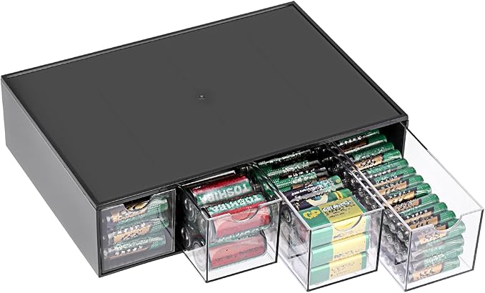 BTSKY 1 Pack Black Acrylic Battery Storage Organizer for AA, AAA, 9V, C Batteries, 4-Drawer Storage Box Battery Holder Organizer for Common Types Batteries, Household Container(Batteries Not Included)