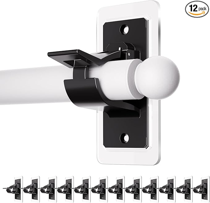 Antimbee 12-Pack Self Adhesive Rod Brackets, No Drill Needed Curtain Rod Holders, Multipurpose Nail Free Stick on Curtain Rod Hooks, Curtain Hangers for Bathroom, Bedroom, Livingroom
