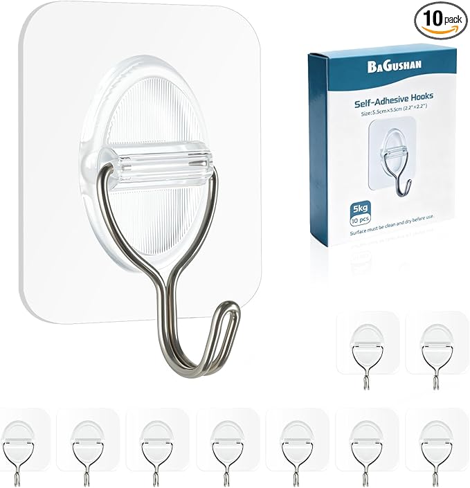 Adhesive Wall Hooks No Damage, Stick On Hooks for Hanging 10 Pack - Transparent Stainless Steel 5KG Heavy Duty, Waterproof Removable (5x5cm) Kitchen Bathroom Office, Ganchos para Pared (XL)