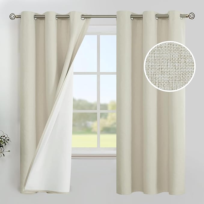 YoungsTex Stone Linen 100% Blackout Curtains 63 Inch Length for Bedroom, Rustic Room Darkening Drapes with Grommet Thermal Insulated Privacy for Living Room Window, 2 Panels, 42 X 63 Inch