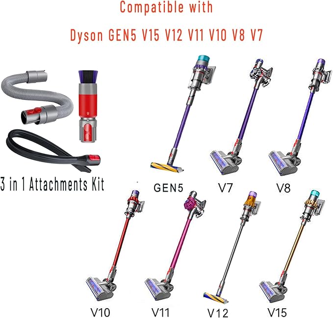 3-in-1 Vacuum Accessories Bundle for Dyson, 23'' Crevice Tool + 63'' Extension Hose + Scratch-free Dusting Brush for Dyson GEN5 G5 V15 V2 V11 V10 V8 V7, Car Detailing, Dryer Vent, Delicate Surfaces