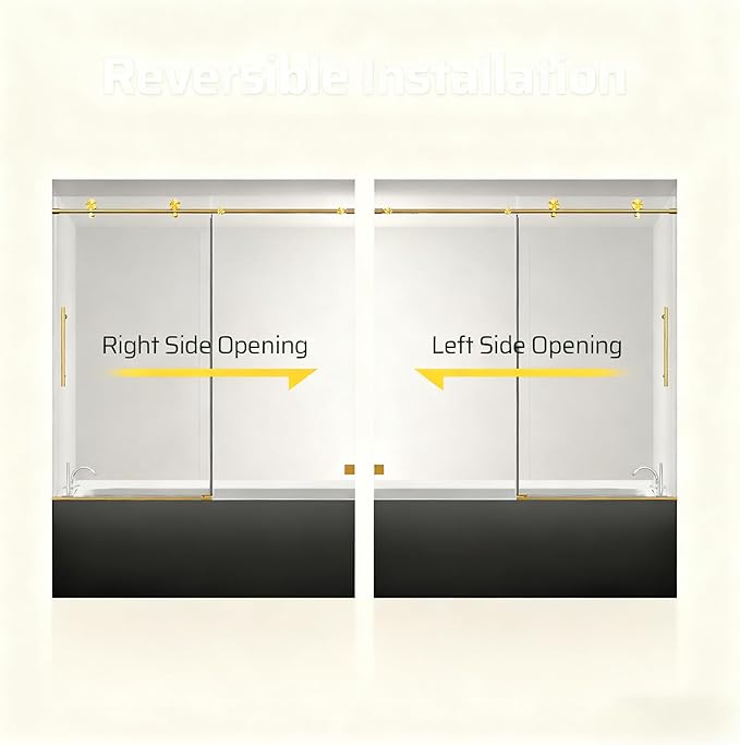 56-60" W x 60" H Bathroom Frameless Tub Sliding Shower Door, Soft-Close Bathtub Single Sliding Shower Doors with 5/16" (8mm) Clear SGCC Tempered Glass, Reversible Installation, Brushed Gold