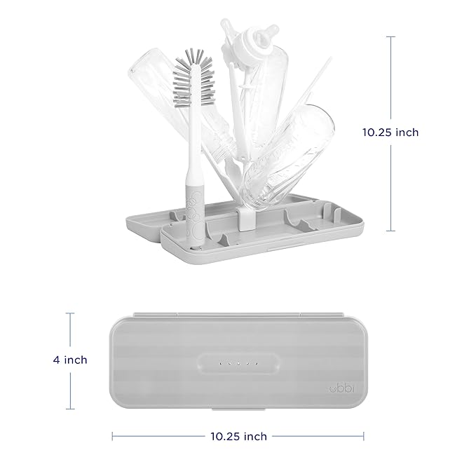 Ubbi On-The-Go Drying Rack and Brush Set, Includes Travel Case and Bottle Brush for Compact Storage, Holds Up to 8 Bottles, Baby Travel Accessories, Gray