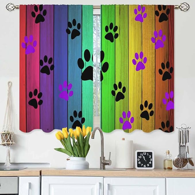 Dog Paws Kitchen Curtains Cute Puppy Paws Colorful Wood Board Short Tier Curtains for Bathroom Cafe Small Window Drapes Treatment 2 Panels (27.5x39 Inch)