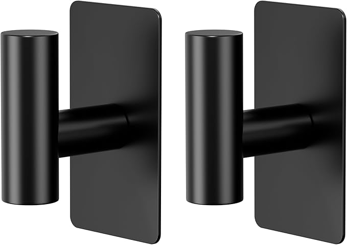 Towel Hooks for Bathrooms – 2 Pack, Matte Black Finish, T-Shaped Stainless Steel Adhesive Wall Hooks for Robes & Towels in Kitchen, Shower, or Closet