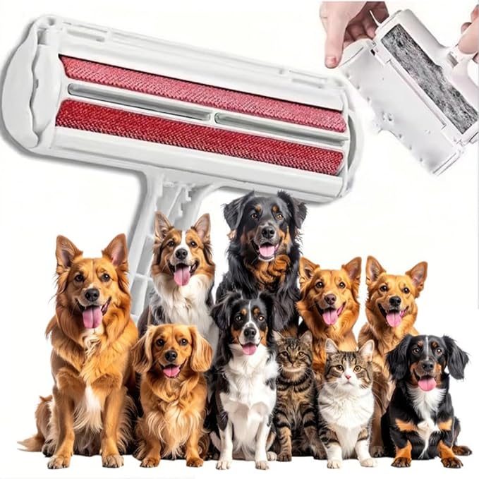 Pet Hair Remover Roller – Reusable Lint Roller for Dog & Cat Fur – Self-Cleaning Animal Hair Removal Tool for Furniture, Couch, Carpet, Bedding, Car & Clothing – No Sticky Tape Needed (Red)