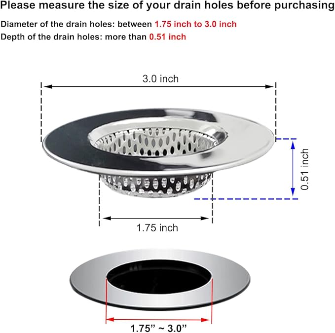 2PCS 3.0" Top / 1.75" Basket Bathtub Drain Strainers, Shower Drain Hair Catcher, Stainless Steel Drain Cover Basket for Bathroom Laundry Floor Drain