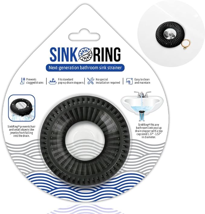 Bathroom Sink Hair Catcher for Pop-Up Drain – SinkRing 1.57" Precision Strainer for Bathroom Sink Drains | Clog-Free Hair Trap for Contacts, Earrings, Jewelry | No Suction or Screws – Black