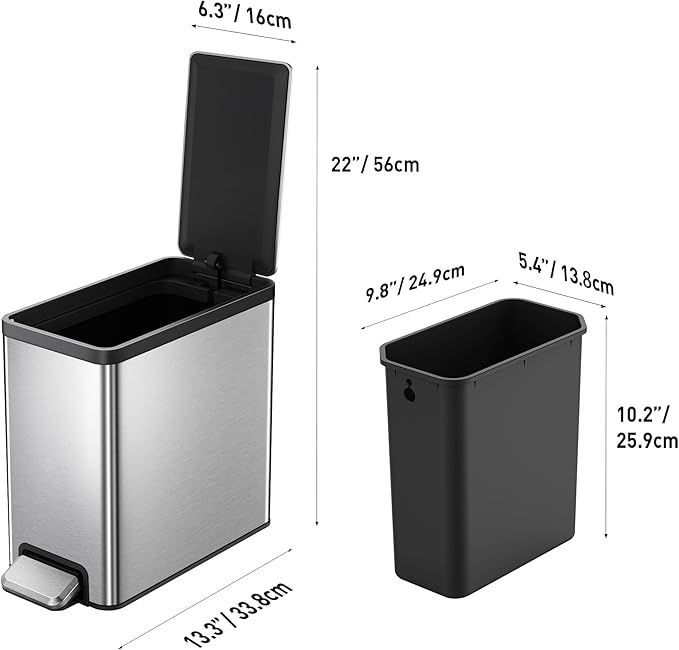 EKO Slim Small Bathroom Trash Can with Lid, Stainless Steel Small Garbage Can with Removable Inner Bucket, 6L / 1.6 Gal, Step On Trash Bin