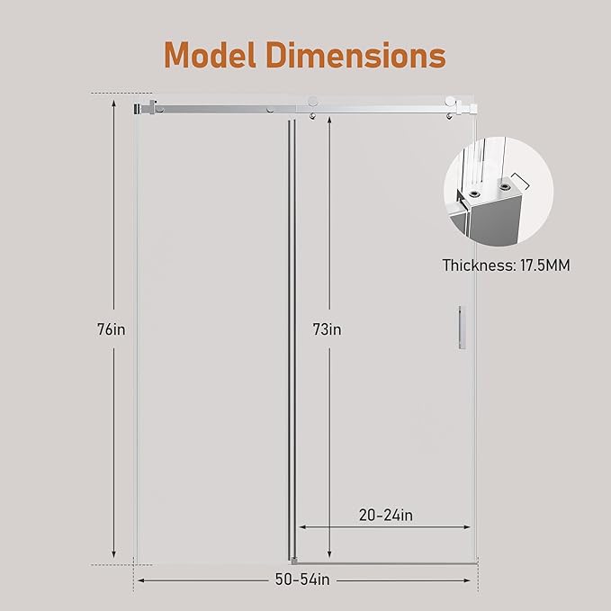 50-54 Inch Frameless Sliding Shower Door, 76" Height, 5/16" (8mm) Clear Tempered Glass, Smooth Gliding Track & Anti-Jumping System, Stainless Steel Chrome Finish