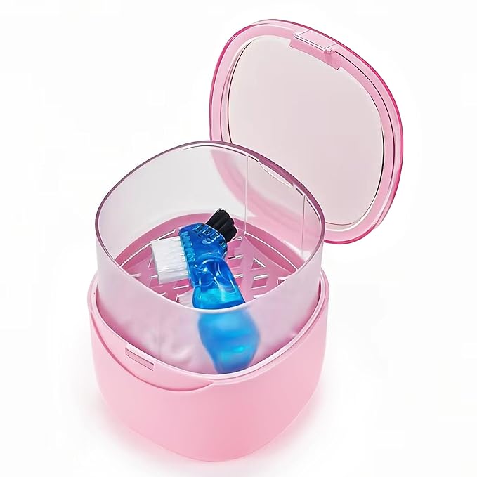 Partial Denture Case Leak Proof with Strainer Basket and Brush, Waterproof Denture Cup Retainer Cleaning Bath Case Travel for Dentures, Braces, Night Guard - Pink