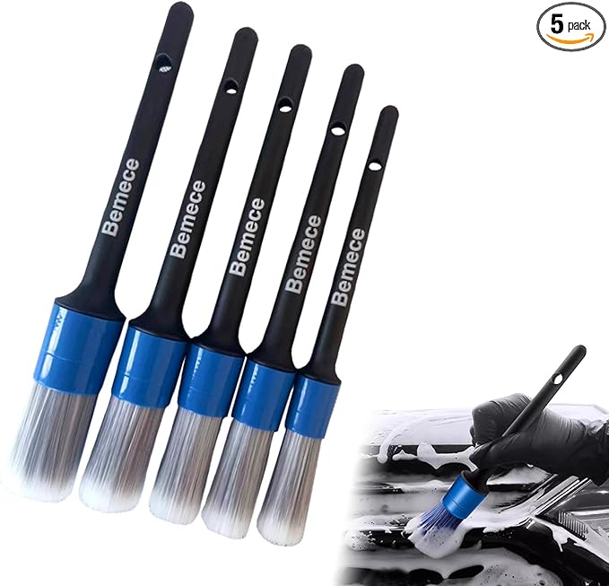 5pcs Different Size Car Detailing Brushes, Soft Non-Scratch Car Interior Cleaning Brushes for Cleaning Wheels, Interior, Exterior, Skylight, Leather, Air Vents, Emblems(Black+Blue)