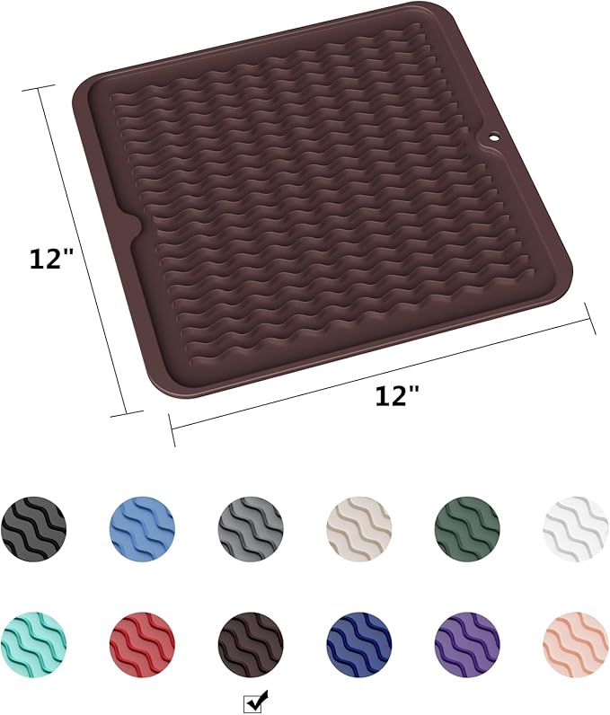 ZLR Silicone Dish Drying Mat 12" x 12" Square - Small Heat Resistant Trivet & Countertop Protector for Air Fryer, Coffee Maker - Waterproof Kitchen Drain Pad for Cups, Fruit (Coffee)