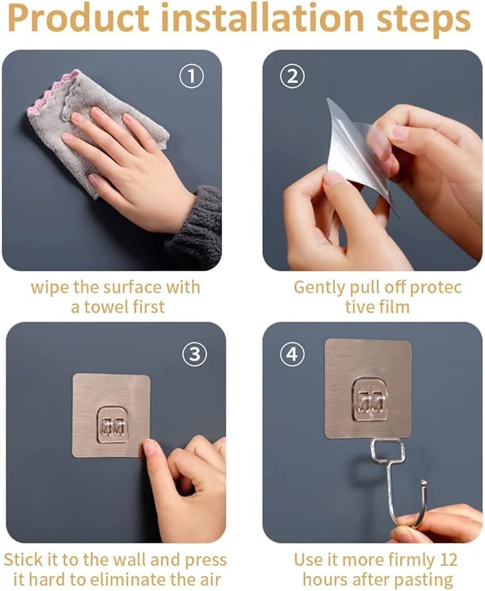 Large Adhesive Hooks 22Ib(Max),Waterproof and Rustproof Wall Hooks for Hanging Heavy Duty,Stainless Steel Towel and Coats Hooks to use Inside Kitchen Bathroom Home and Office 8 Pack (Transparent)