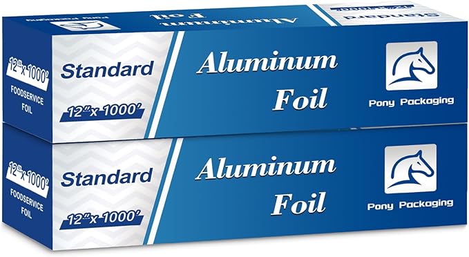 Aluminum Foil Standard 12 inch Wide, 1000 FT Food Safe Foil Wrap for Cooking, Baking, Grilling, Food Service Pony Packaging Aluminum Foil Roll (12"x1000', Standard-2 Count)