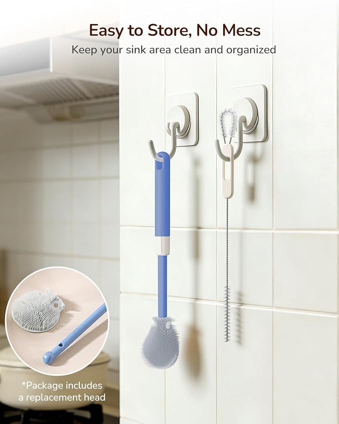 Extendable Bottle Brush with Straw Cleaner Brush, 10.8 to 14 Inches Adjustable Long Handle Water Bottle Scrubber for Cleaning Glasses, Cups, Coffee Mugs, tumblers with Replacement Head, Blue