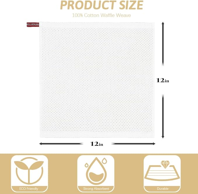 Nialnant 100% Cotton Dish Rags,Waffle Weave Dish Towels for Kitchen,Housewarming Gifts New Home,Super Absorbent Kitchen Dish Cloths-12 in x 12 in,White