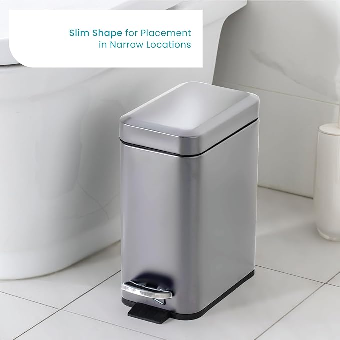 Home Zone Living 3-Pack 1.3 Gallon Small Bathroom Trash Can with Lid and Step Pedal, Stainless Steel Wastebasket with Slim Design for Home and Office, Silver, 5 Liters