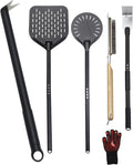6PCS Pizza Turning Peel, 9 &12 Inch Perforated Pizza Peel, Pizza Brush, Ash Rake, Bubble Spinner Turning Fork, Heat-Resistant Oven Mitts, Pizza Oven Utensil Kit with 40 Inch Aluminum Handle