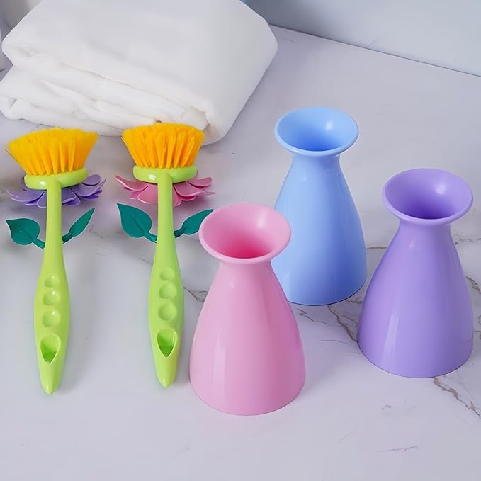 Long Handle Vegetable and Fruit Brush, Florganic Dish Brush with Vase, Long Handle Dish Brush Kitchen, for Cleaning Pot Pan Sink Kitchen Supplies Decorative Vase (2 Pcs Green, Pink)