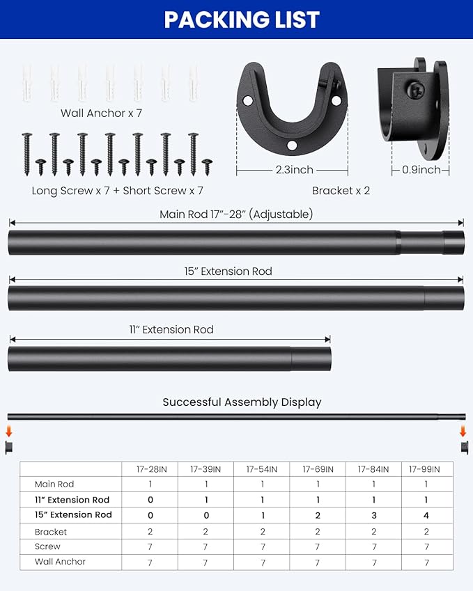 2 PACK Closet Rods for Hanging Clothes, 17 to 69 Inches Stepless Adjustable Metal Closet Rod, 1.3 Inches Heavy Duty Clothes Hanging Rod for Closet Wardrobes Laundry RV, Black