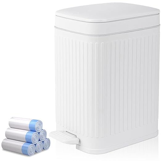rejomiik Small Bathroom Trash Can with Lid 1.9 Gallon Step Trash Can Slim Garbage Can with Soft-Close Waste Bin for Bathroom, Bedroom, Office, Dorm, RV, White