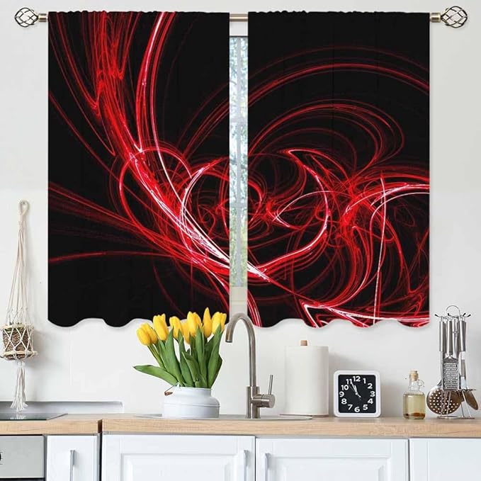 Red Circle Kitchen Curtains Abstract Red Circles Lines Black Mystical Short Tier Curtains for Bathroom Cafe Small Window Drapes Treatment 2 Panels (27.5x39 Inch)