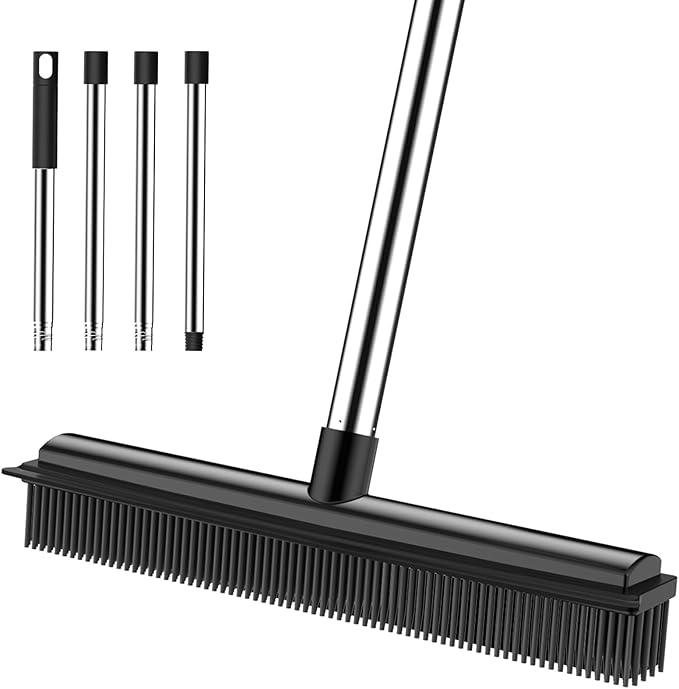 nacena Rubber Broom, 2 in 1 Pet Hair Removal Broom with Squeegee 51-in Adjustable Long Handle Carpet Broom for Cleaning Carpet Hardwood Floor Tile Window, Black